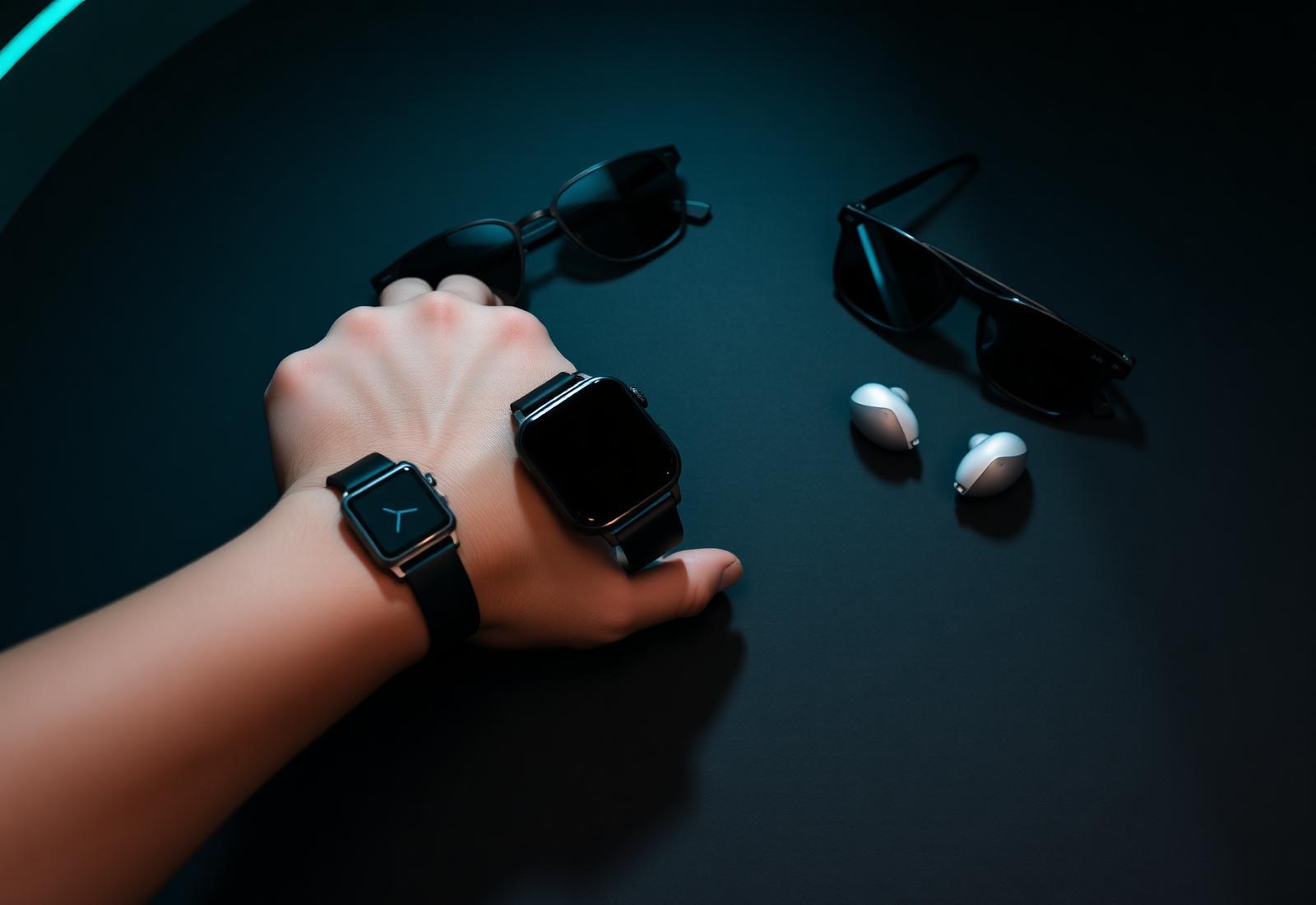 Smartwatch, Smart Band und kabellose Ohrhörer auf dunkler Oberfläche